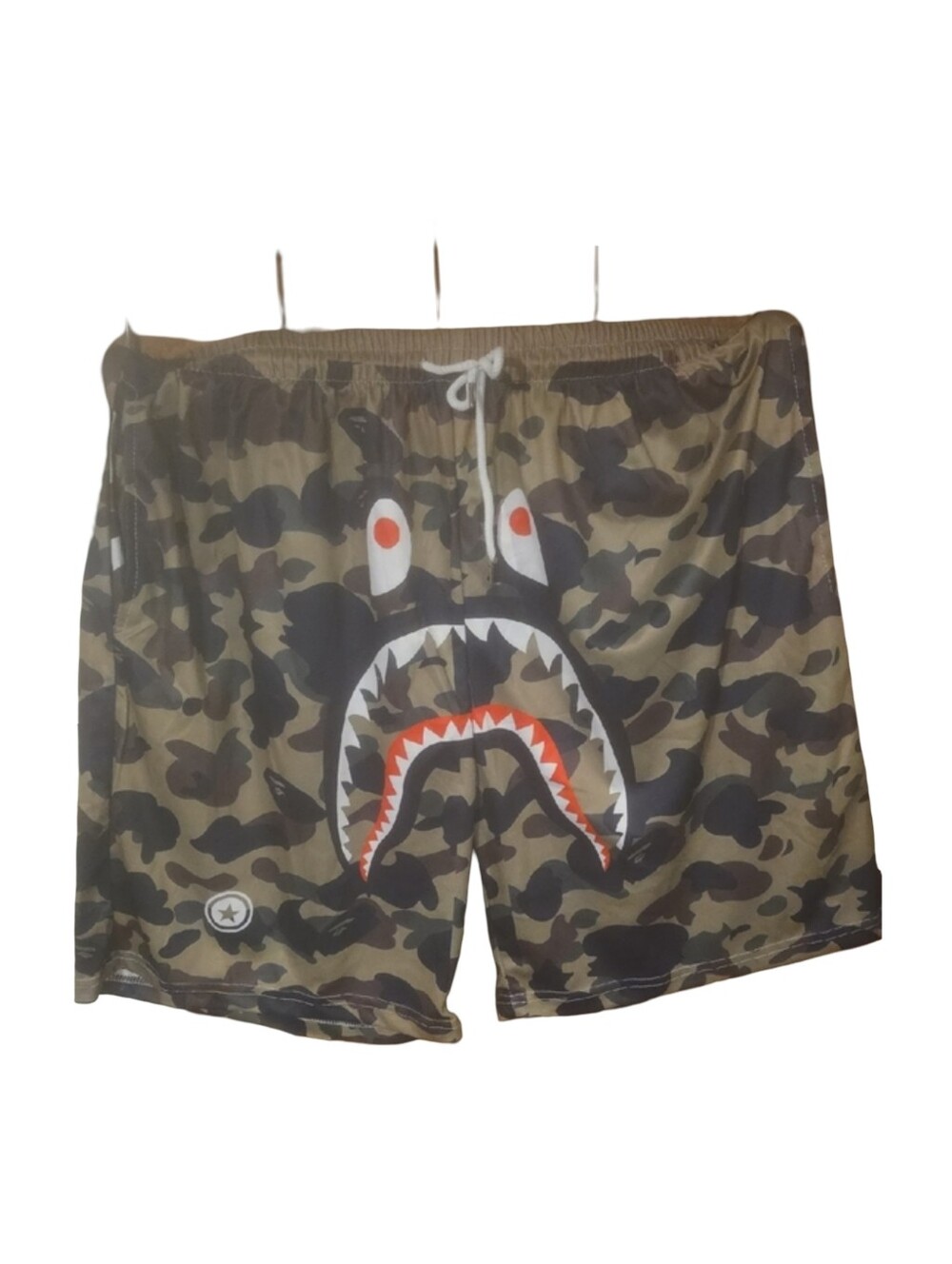 Bape Green Camo Shark Swim Shorts with Red Accent